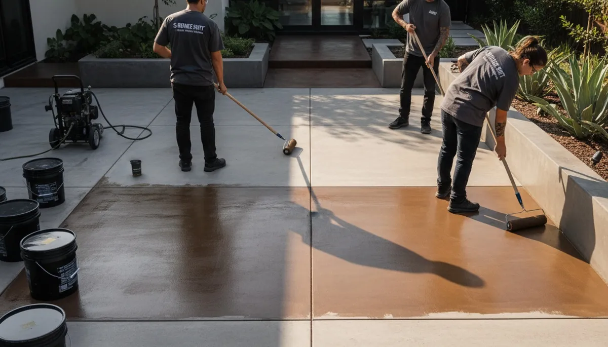 Professional concrete staining on residential garage floor in Green Bay, WI by local painting experts
