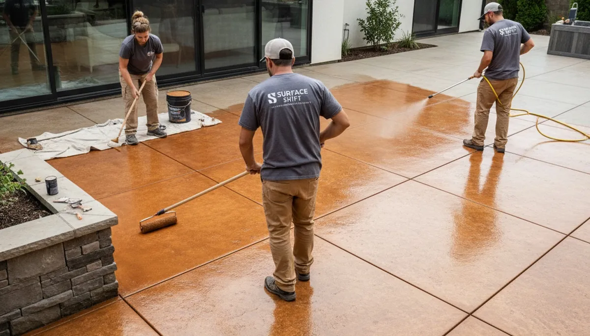 Professional concrete staining on residential garage floor in Green Bay, WI by local painting experts