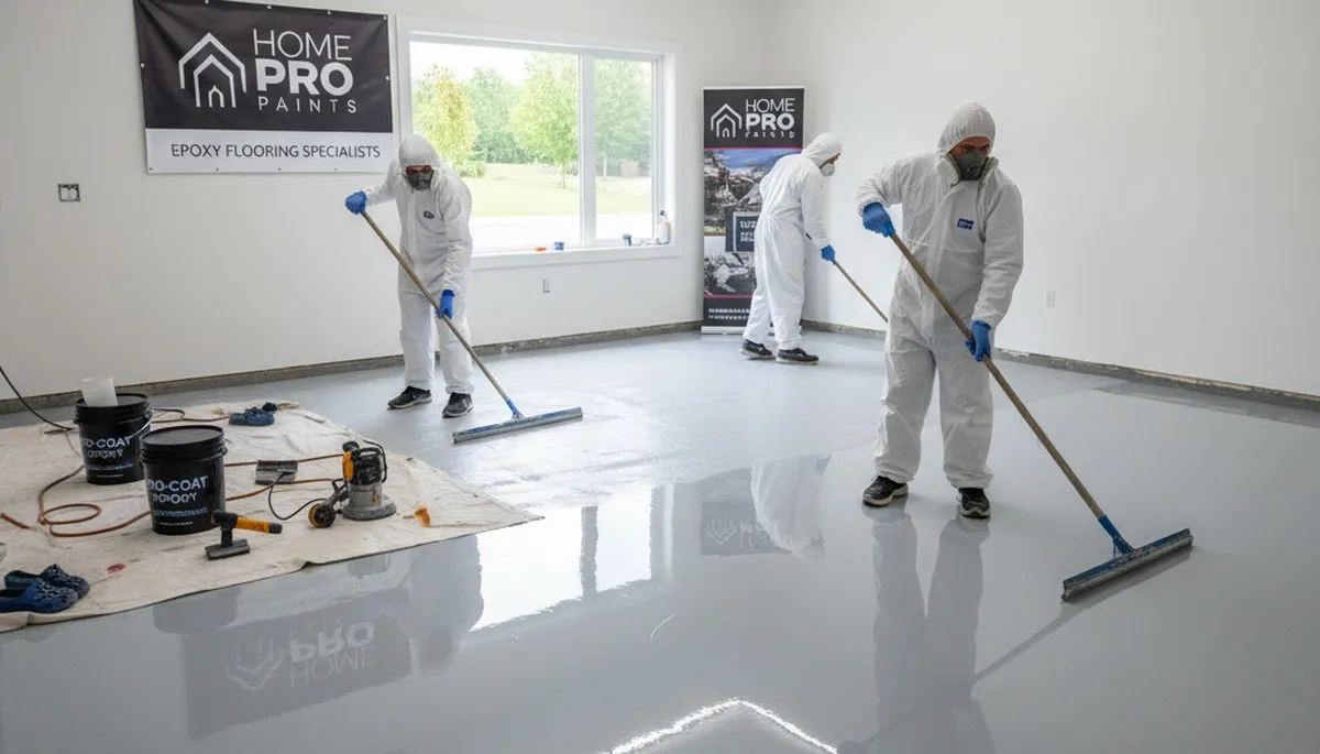 Epoxy floor coating in Green Bay WI garage with durable finish by local house painting professionals