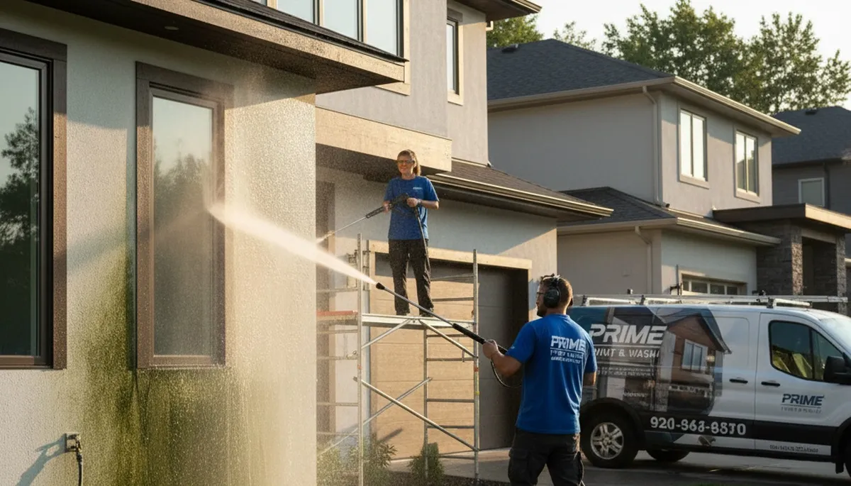 Professional pressure cleaning house exterior in Green Bay, WI removing winter grime and mold